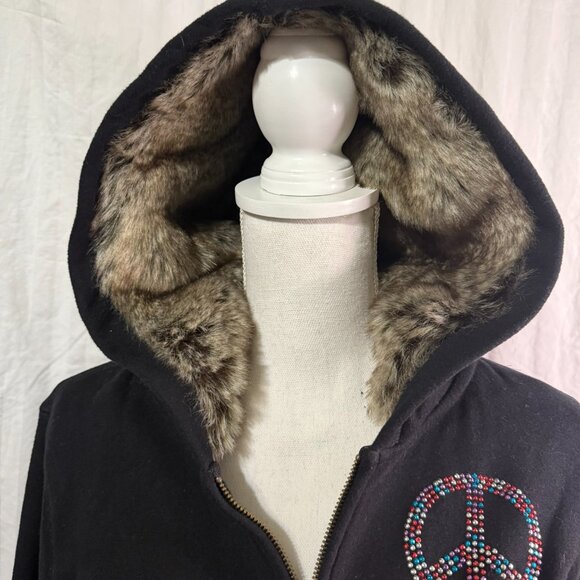 Old Navy Black Vintage Peace Logo Faux Fur Hoodie - Picture 4 of 9